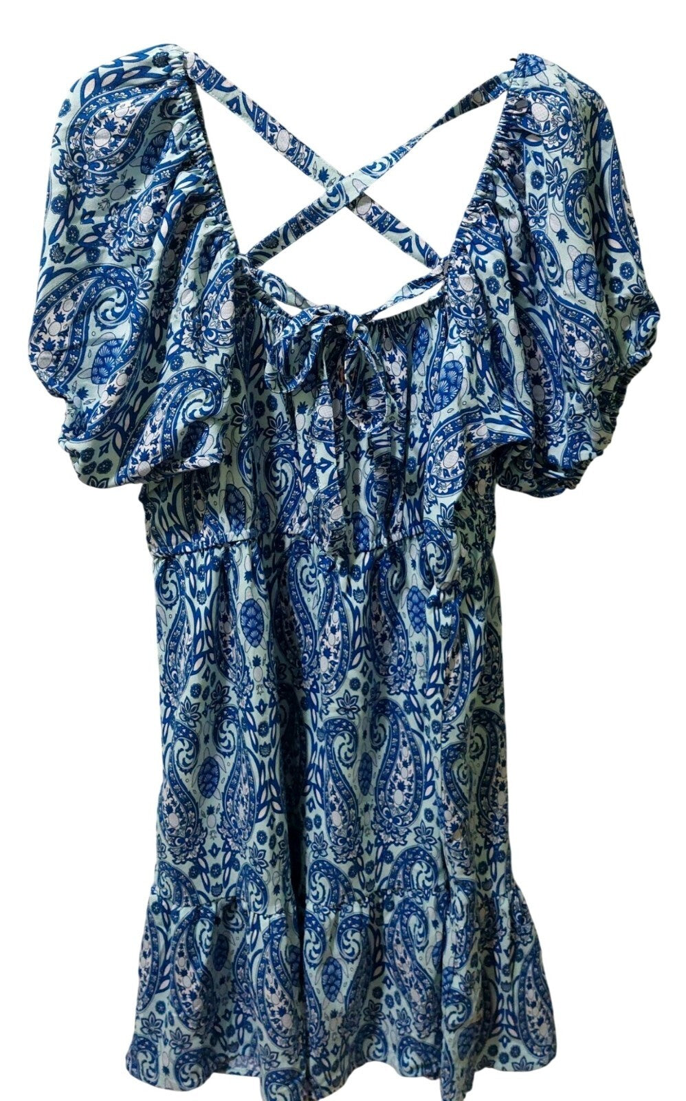 Simply Southern XL Blue Paisley Smocked Dress W/ Puffed Sleeves~Crisscross Back