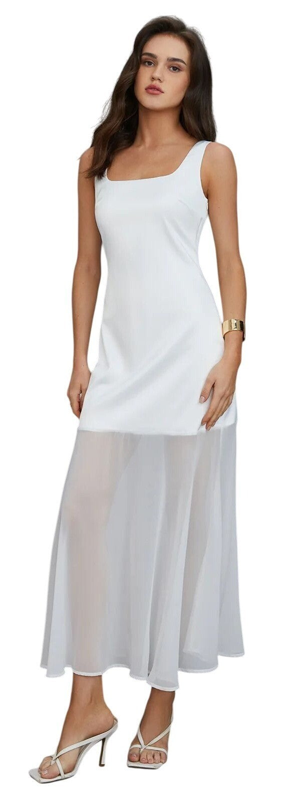 NWT Commense White Sleeveless Satin Maxi Dress W/ Sheer Skirt Size Medium