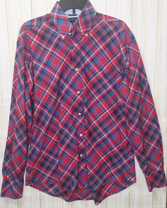 Tommy Hilfiger Men's Plaid Button Up Size Medium Blue Red Plaid Long Sleeve 