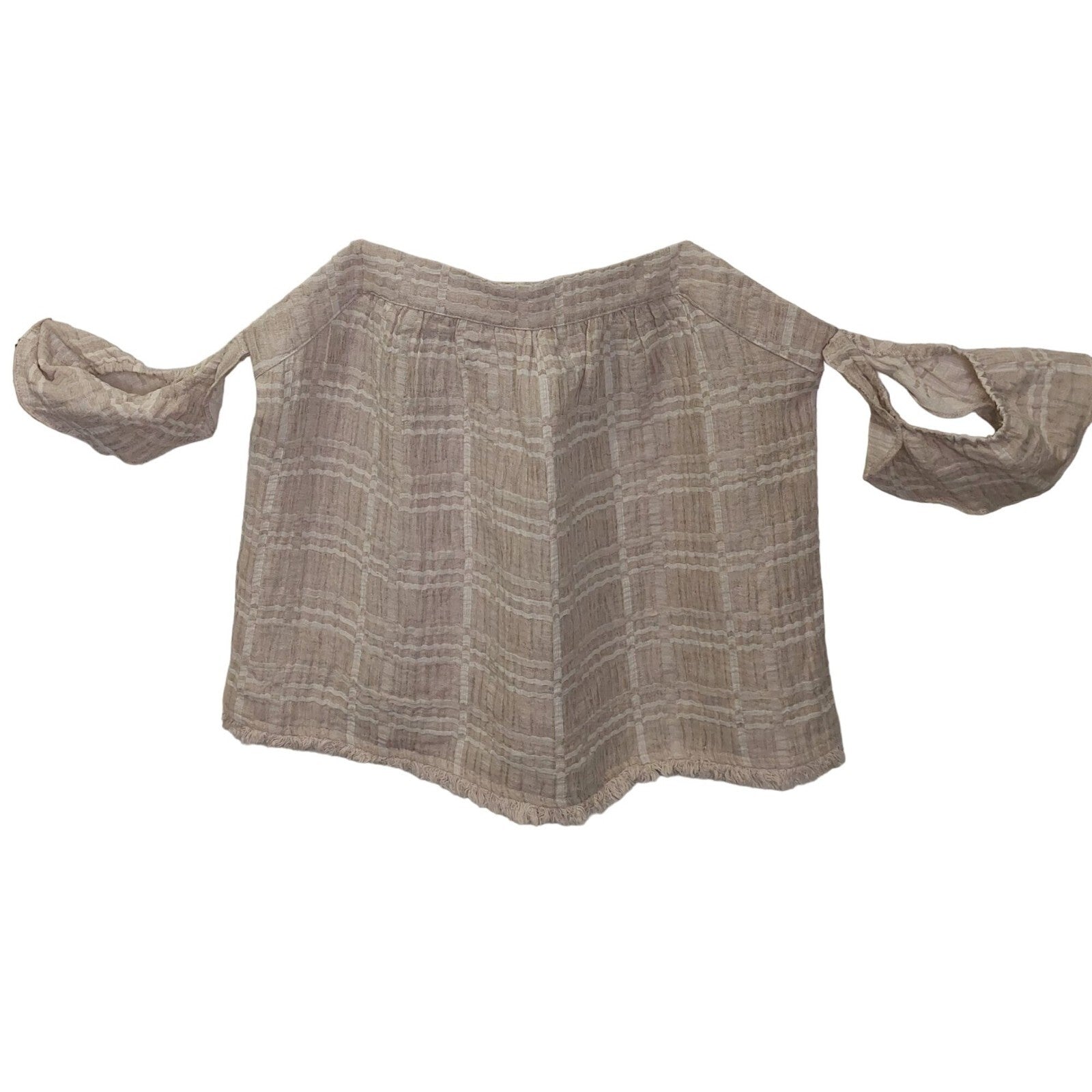 Honey Belle Women's Plaid Off-Shoulder Top Size Medium Beige Summer