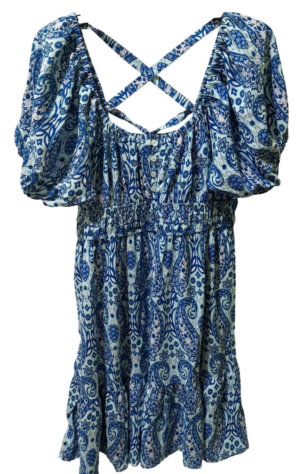 Simply Southern XL Blue Paisley Smocked Dress W/ Puffed Sleeves~Crisscross Back