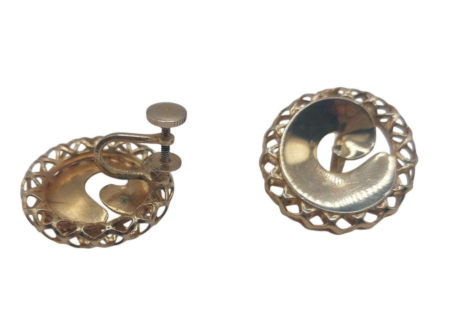 Vintage Gold-Tone Spiral Screw Back Earrings With Lattice Edge
