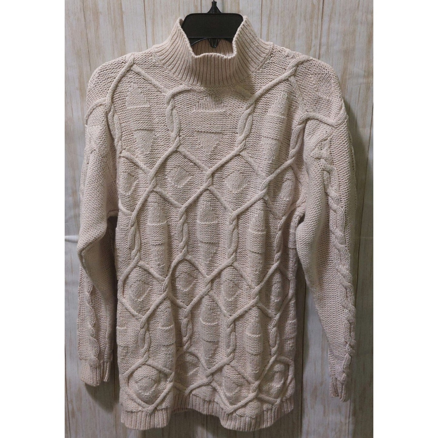 Vintage Mixed Blues Mock Neck Ivory Cable Knit Sweater Medium~80's~Heavy/Thick
