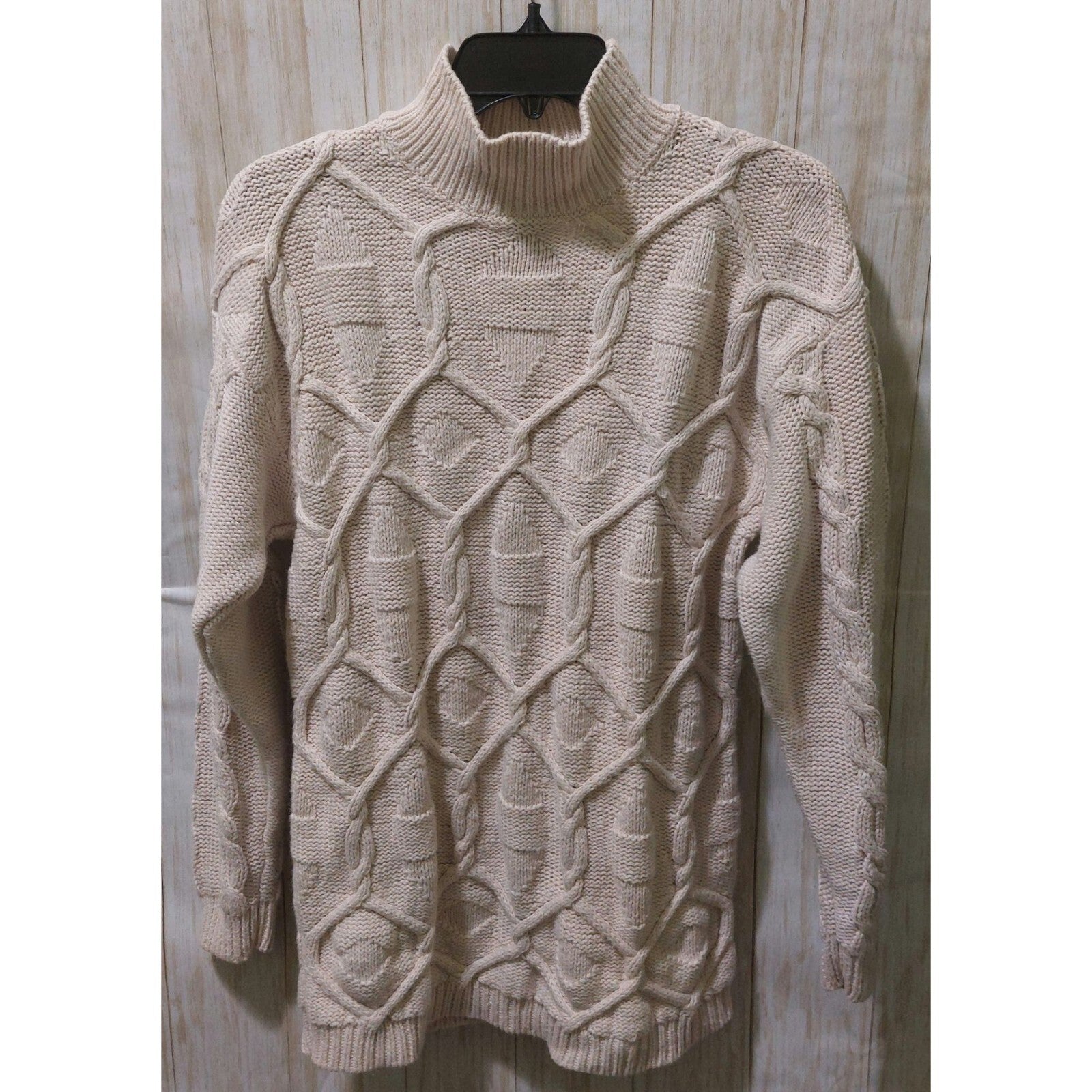 Vintage Mixed Blues Mock Neck Ivory Cable Knit Sweater Medium~80's~Heavy/Thick