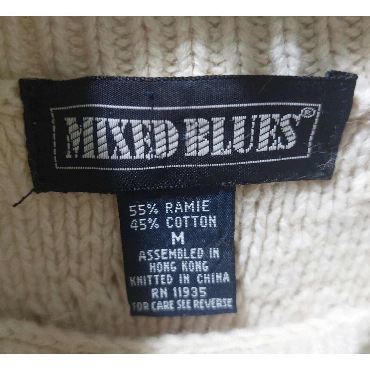 Vintage Mixed Blues Mock Neck Ivory Cable Knit Sweater Medium~80's~Heavy/Thick