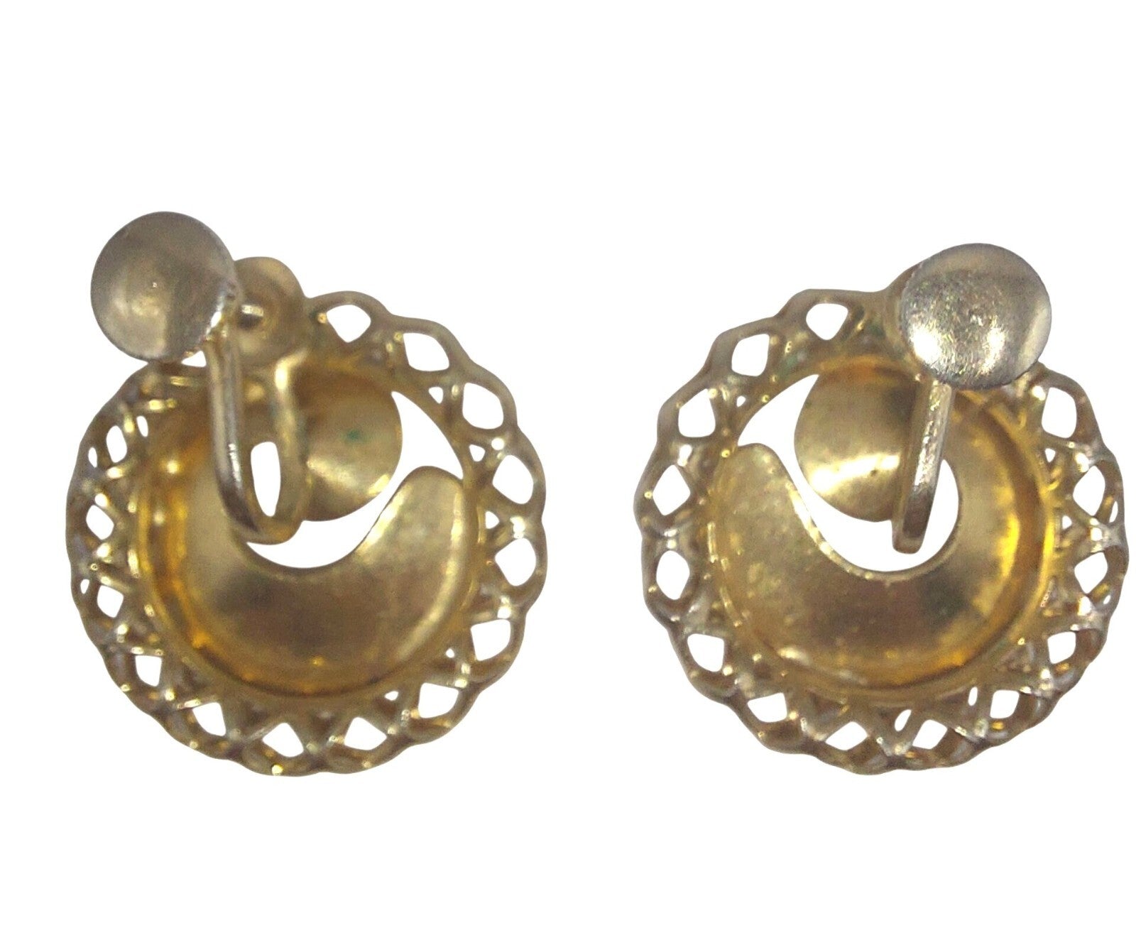 Vintage Gold-Tone Spiral Screw Back Earrings With Lattice Edge