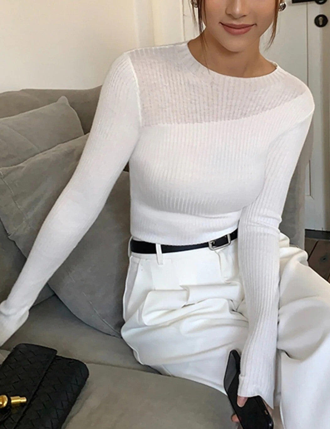 NWT Commense XL Womens White Ribbed Long Sleeve Sheer Panel Knit Top~SOFT