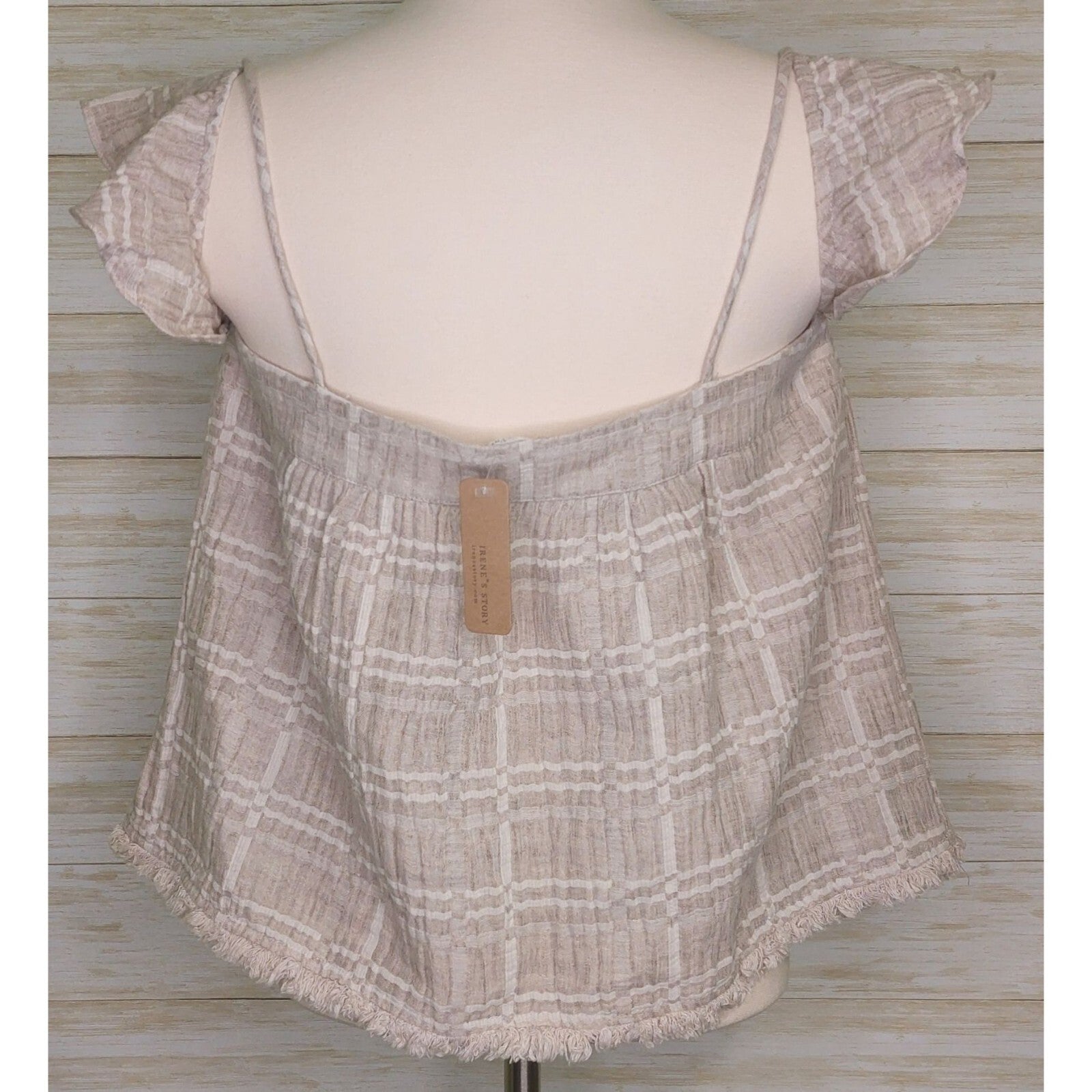 Honey Belle Women's Plaid Off-Shoulder Top Size Medium Beige Summer