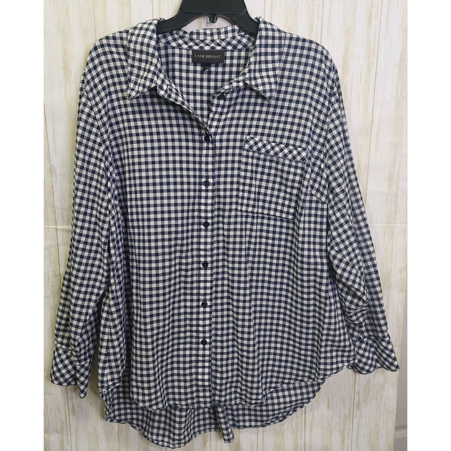 Lane Bryant Womens Blue & White Plaid Button-Up Shirt 24W Long Sleeve Cotton