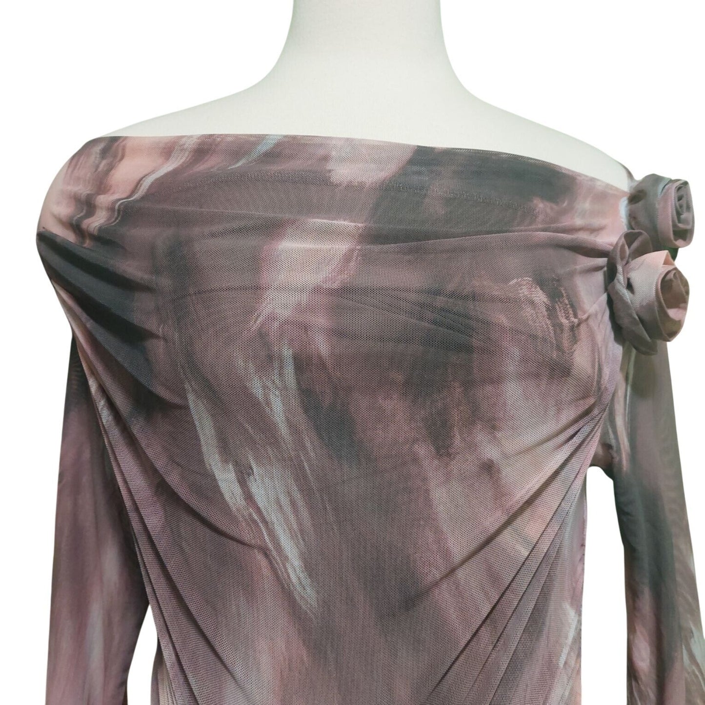 NWT Commense Women's Pink/Mauve Long Sleeve Ruched Mesh Dress W/ Rosette's Large