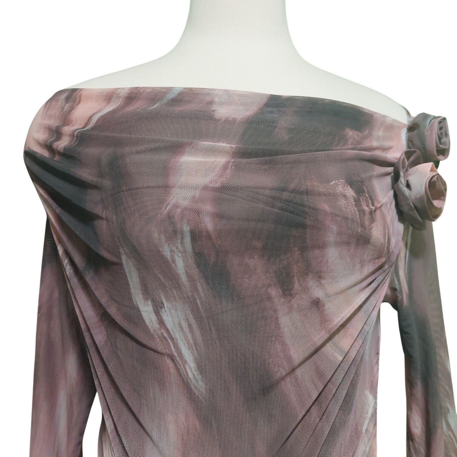 NWT Commense Women's Pink/Mauve Long Sleeve Ruched Mesh Dress W/ Rosette's Large