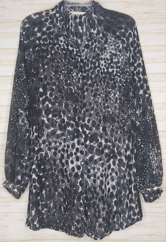 Cabi Womens Sheer Blouse Med. Black White Animal Print Button Front Long Sleeve 