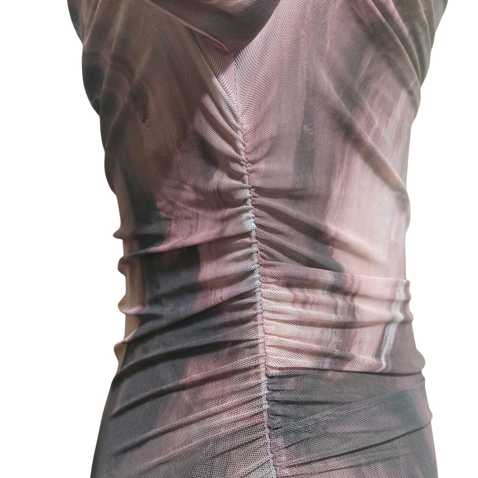 NWT Commense Women's Pink/Mauve Long Sleeve Ruched Mesh Dress W/ Rosette's Large