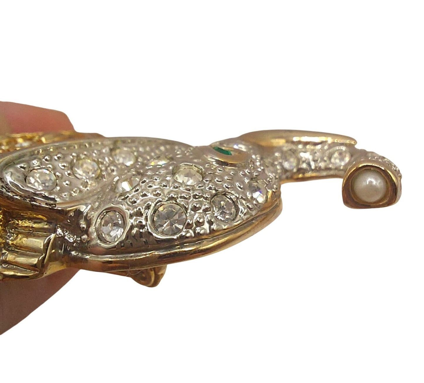 Estate Elephant Rhinestone Brooch Pin Vintage-Inspired W Green Eye~Hanging Charm