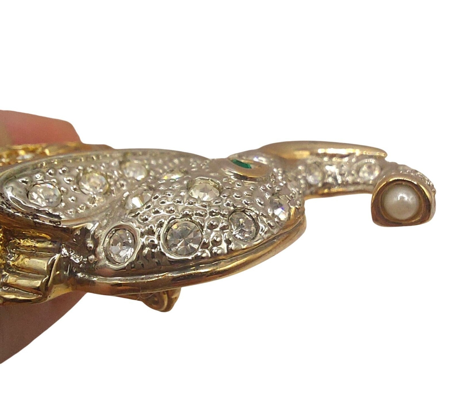 Estate Elephant Rhinestone Brooch Pin Vintage-Inspired W Green Eye~Hanging Charm