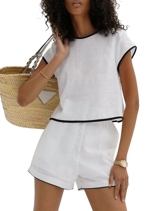 NWT Commense Womens White & Black Trim 100% Cotton Shirt + Shorts Set Size Med.