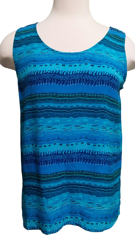 Robbie Bee Womens Blue Patterned 100%  Silk Sleeveless Top Medium~ Lightweight