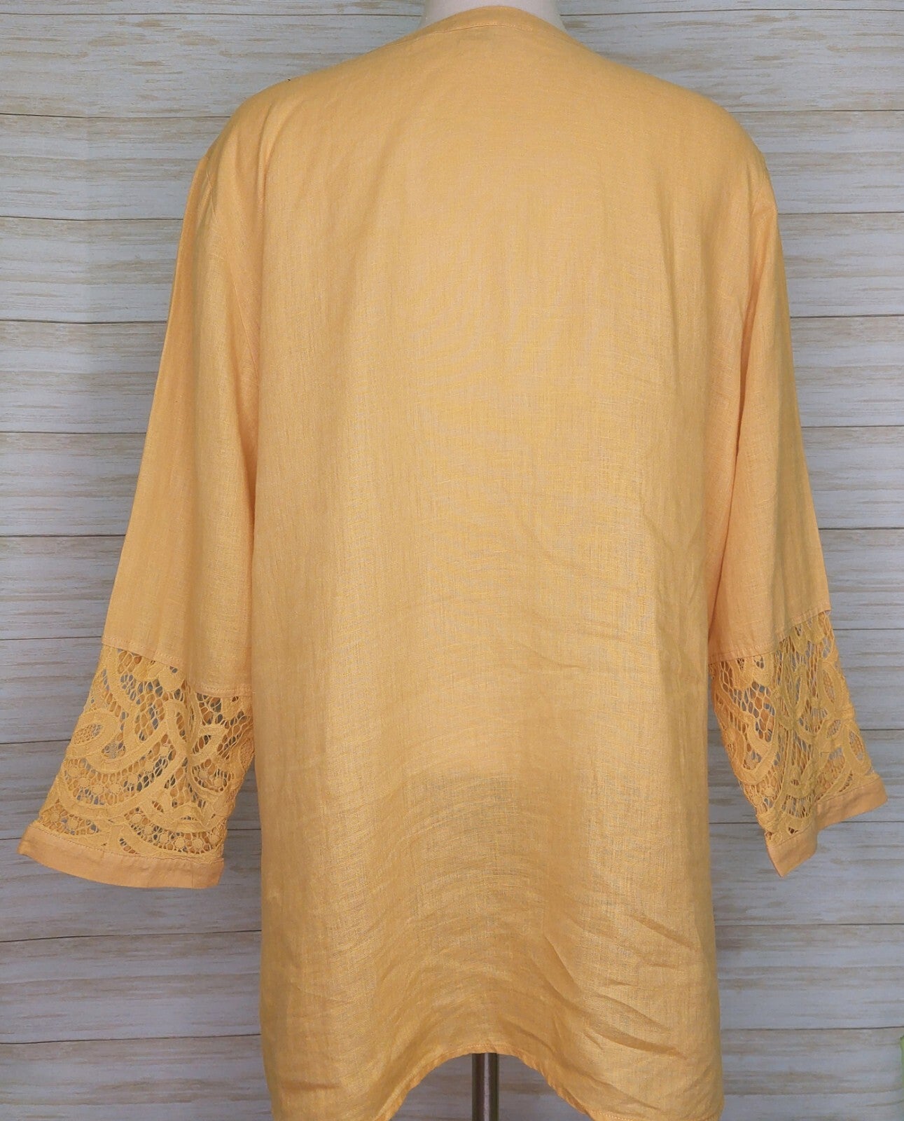 Chico's Women's Top Yellow Linen Lace Front Long Sleeve Tunic Shirt Blouse XL