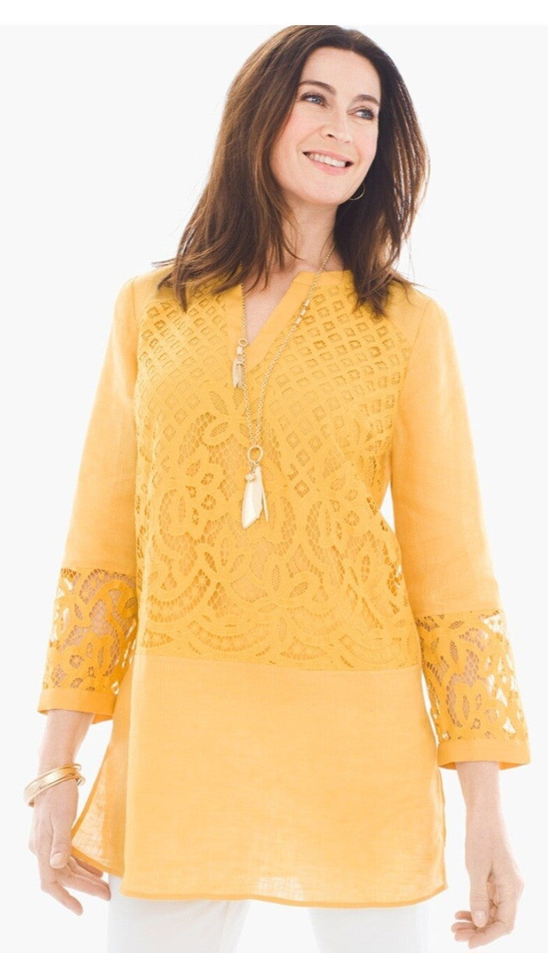 Chico's Women's Top Yellow Linen Lace Front Long Sleeve Tunic Shirt Blouse XL