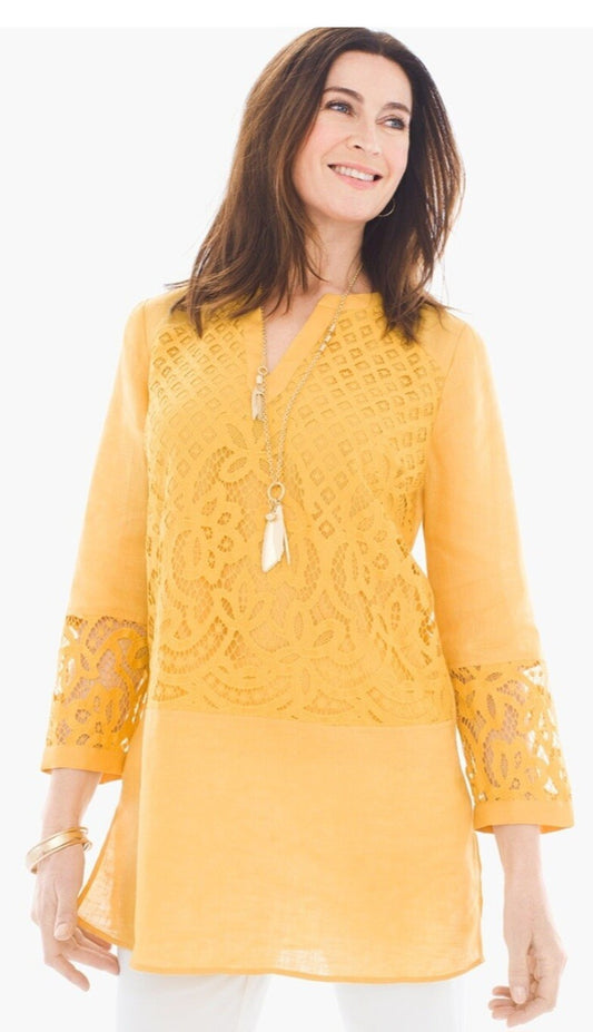 Chico's Women's Top Yellow Linen Lace Front Long Sleeve Tunic Shirt Blouse XL