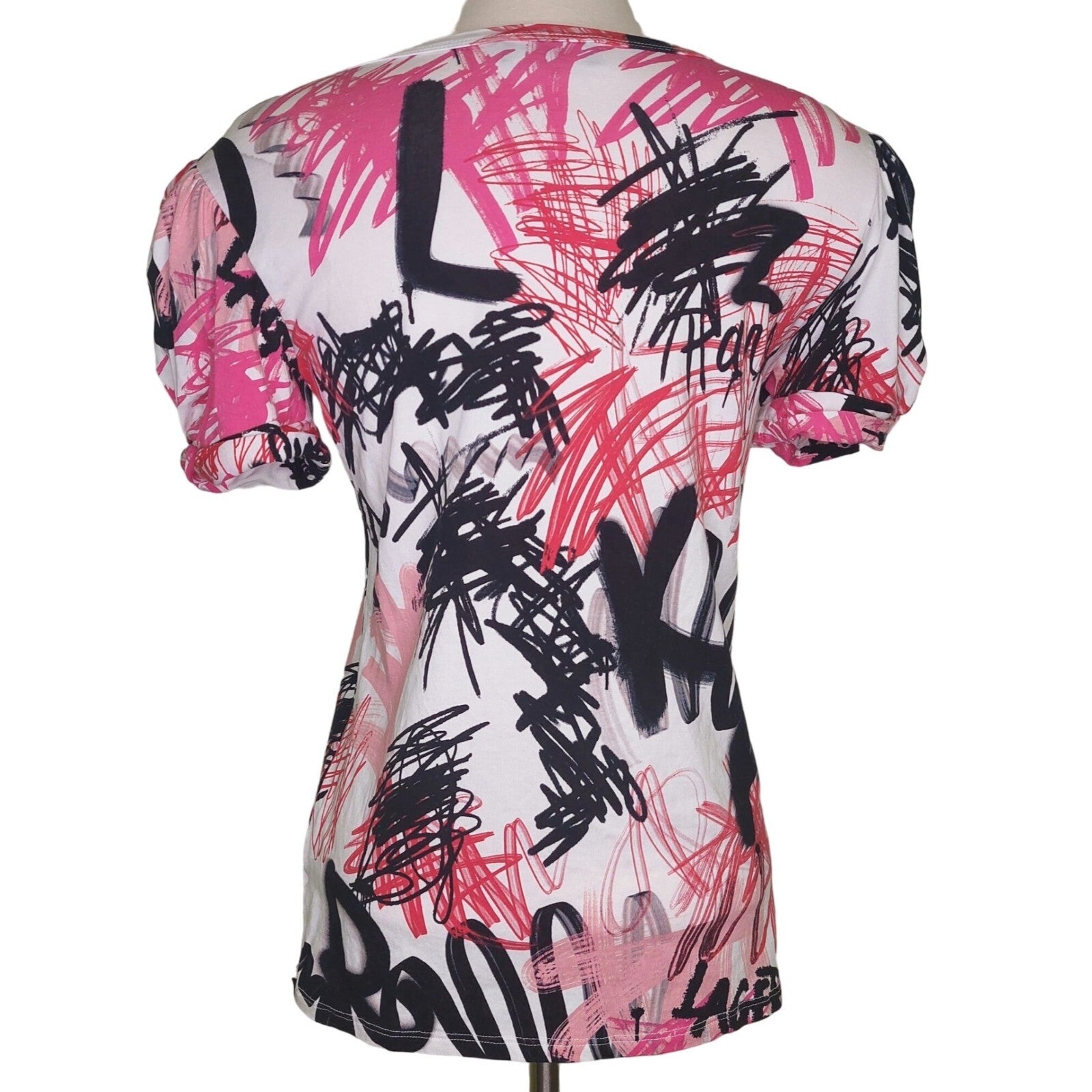 Karl Lagerfeld Paris Women's XS Graphic Puff Sleeve T-Shirt Red & Black Scribble