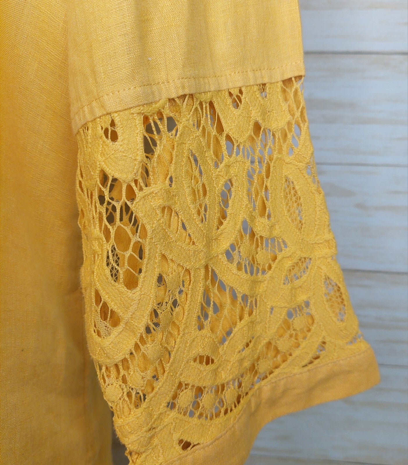 Chico's Women's Top Yellow Linen Lace Front Long Sleeve Tunic Shirt Blouse XL