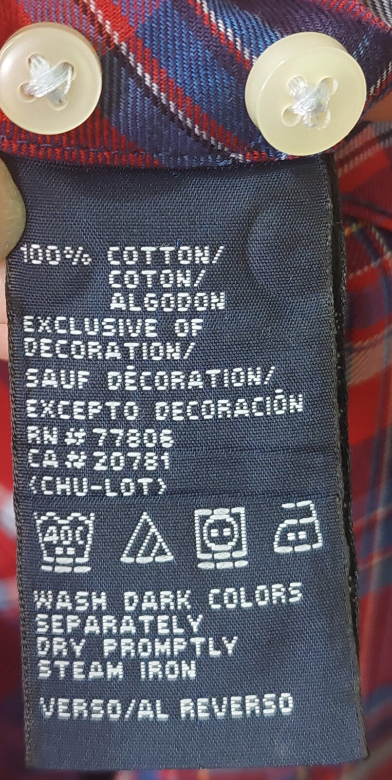 Tommy Hilfiger Men's Plaid Button Up Size Medium Blue Red Plaid Long Sleeve 