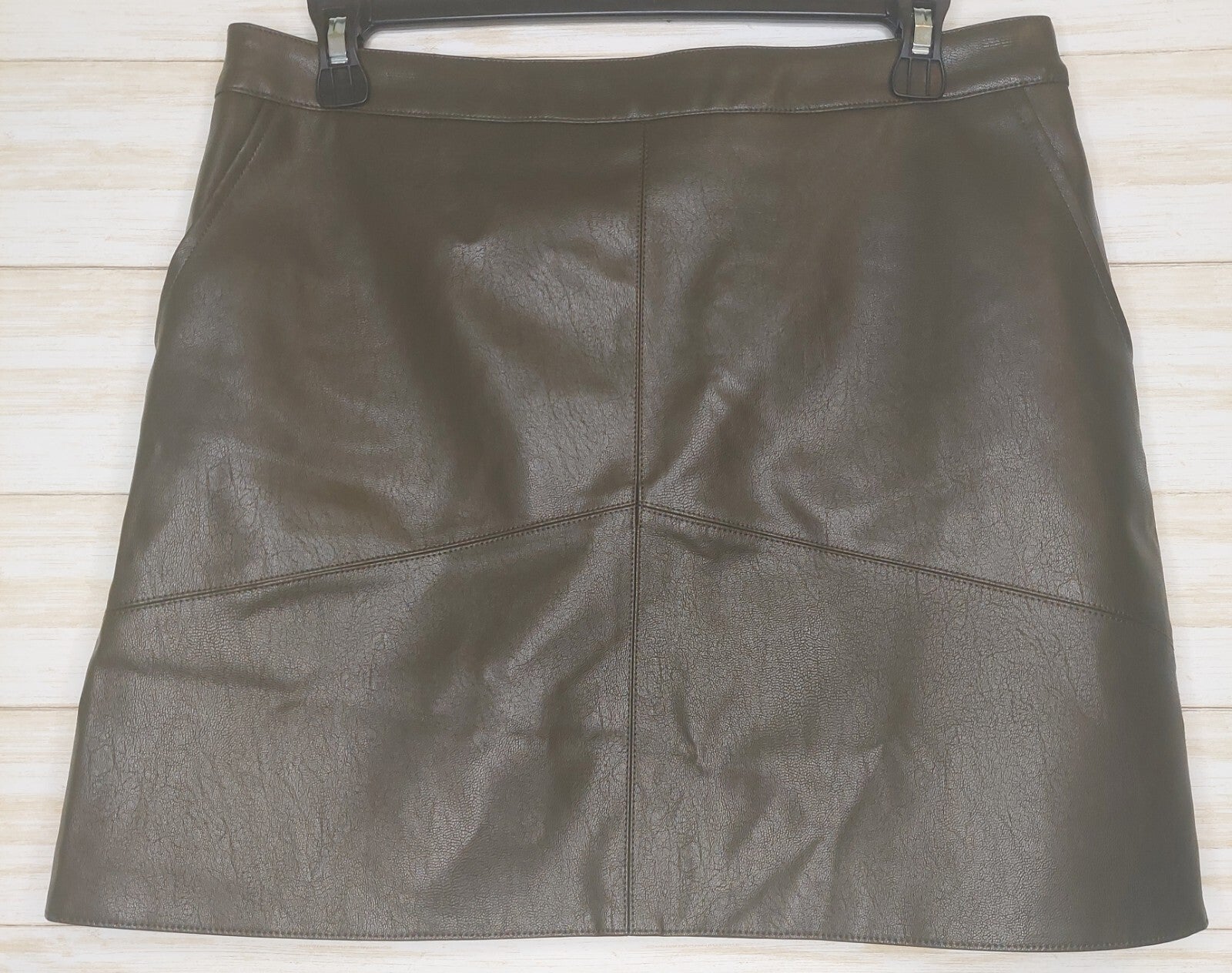 Lulus Mini Skirt Womens Large Faux Leather Dark Brown Back Zip Pockets Lined
