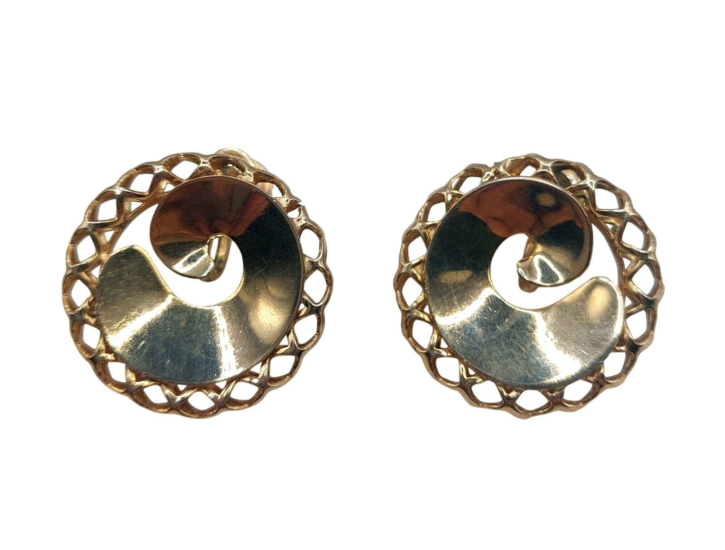 Vintage Gold-Tone Spiral Screw Back Earrings With Lattice Edge