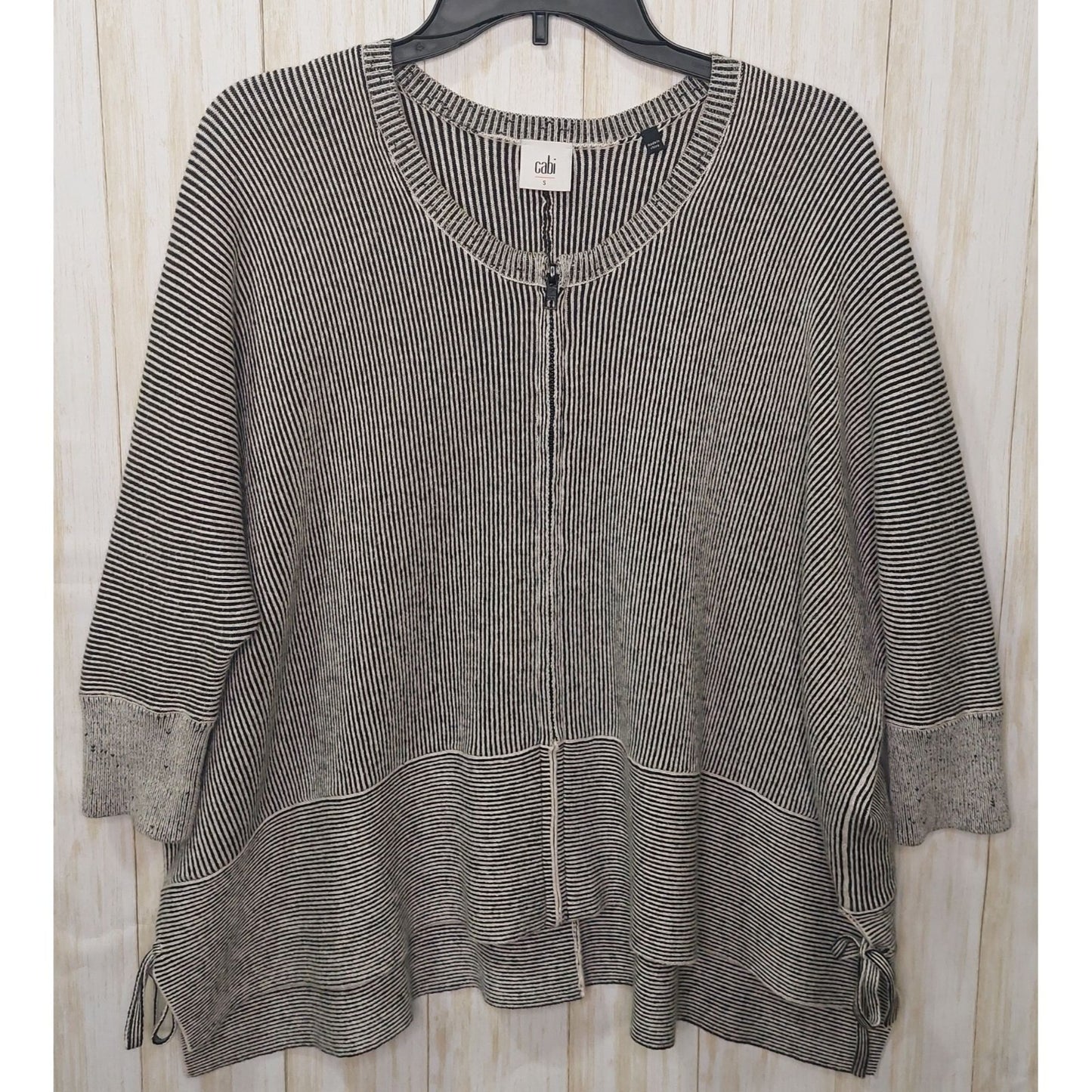 Cabi Women's Zip Cardigan/Top Black/White 3/4 Sleeve Side Ties Size Small