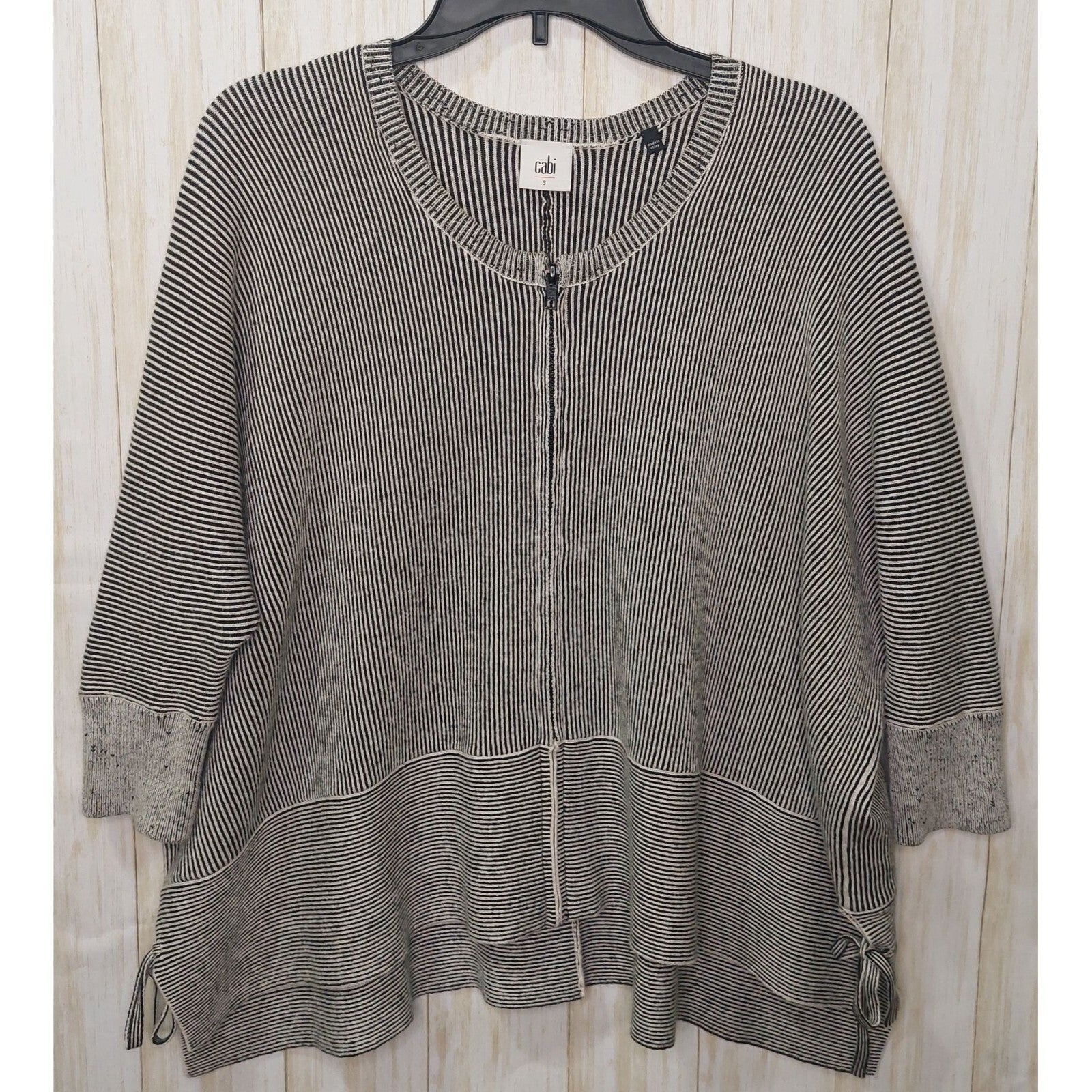 Cabi Women's Zip Cardigan/Top Black/White 3/4 Sleeve Side Ties Size Small