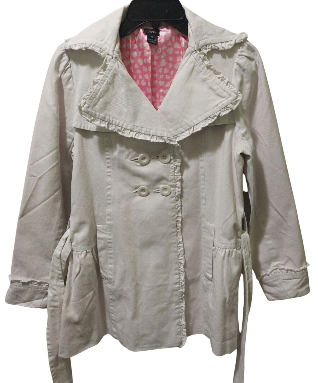 NWOT Aziz White Double-Breasted Belted Trench Coat With Ruffle Accents Medium