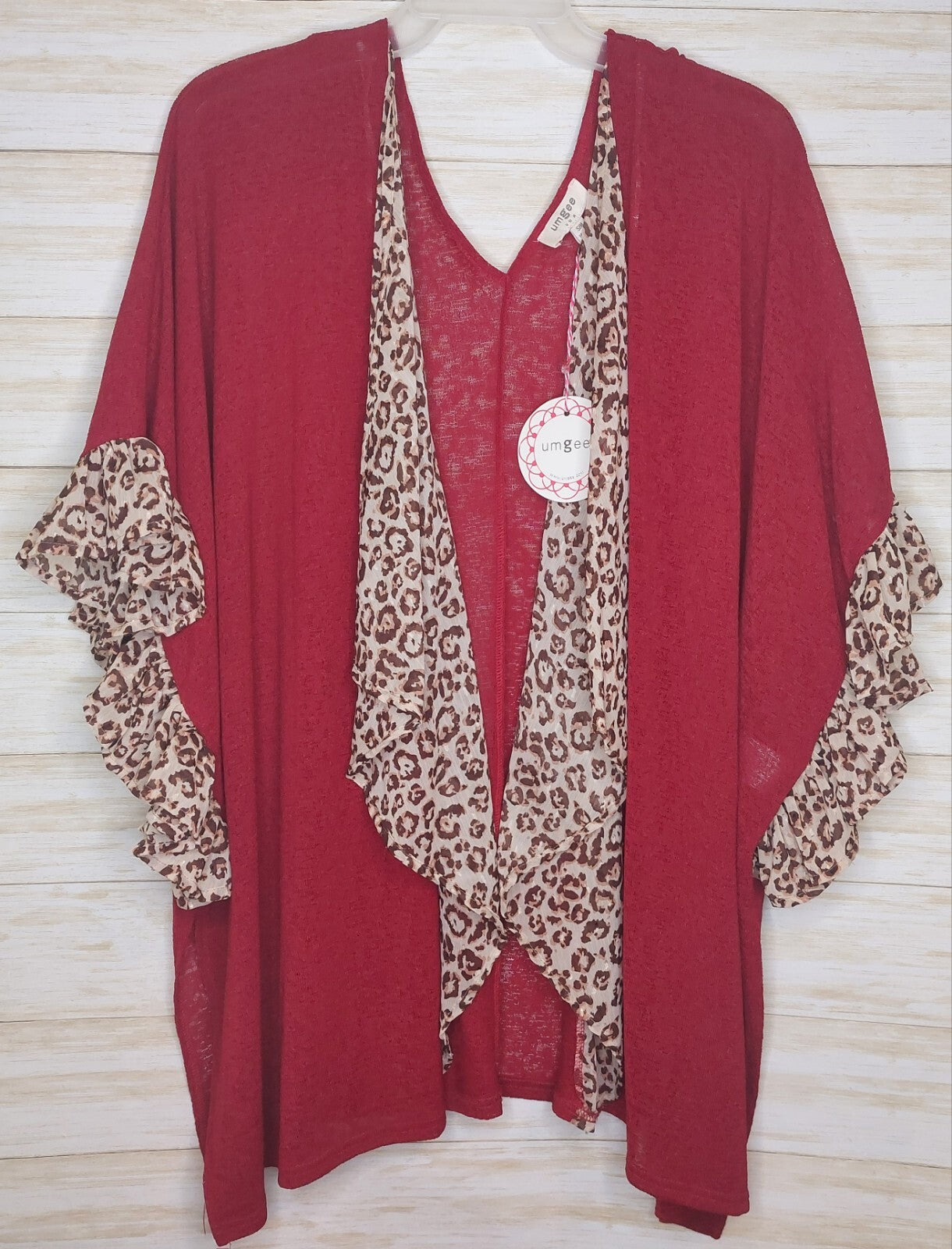 Umgee Darker Red Kimono/Cardigan with Animal Print Trim NWT S/M Sheer
