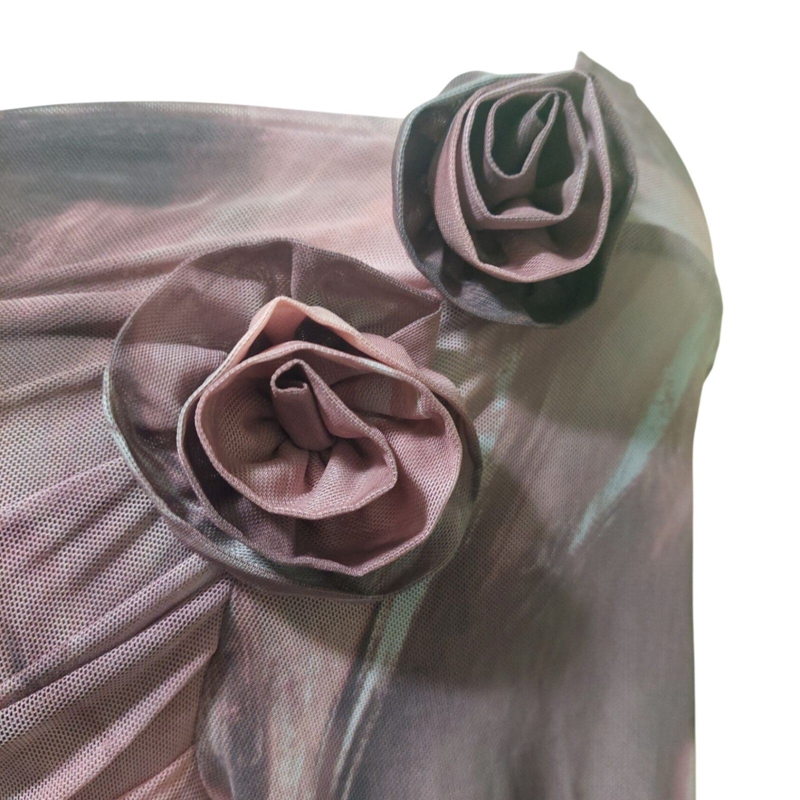 NWT Commense Women's Pink/Mauve Long Sleeve Ruched Mesh Dress W/ Rosette's Large