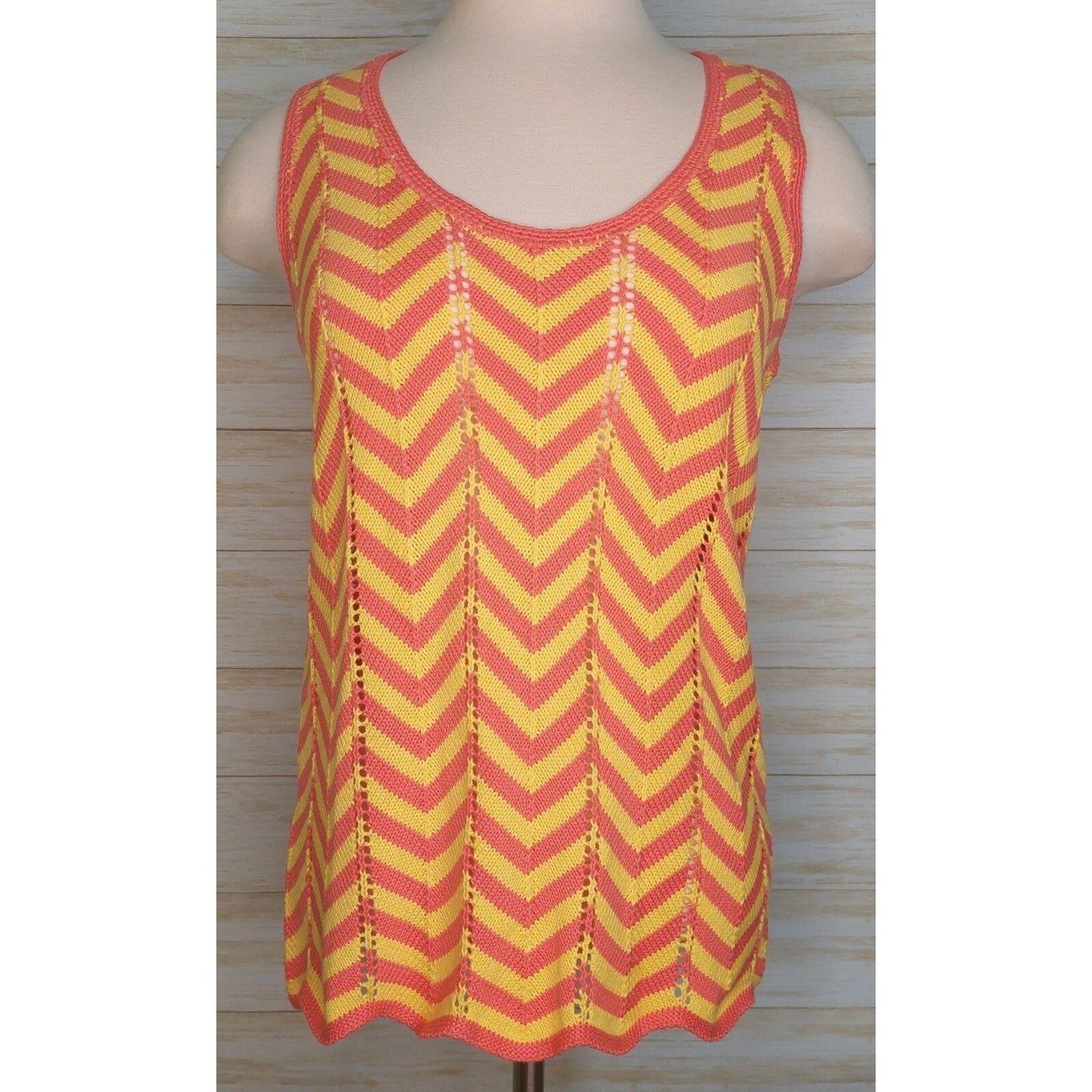 Trina Turk Zigzag Knit Tank Top - Coral Pink & Yellow Chevron Stripes Sleeveless