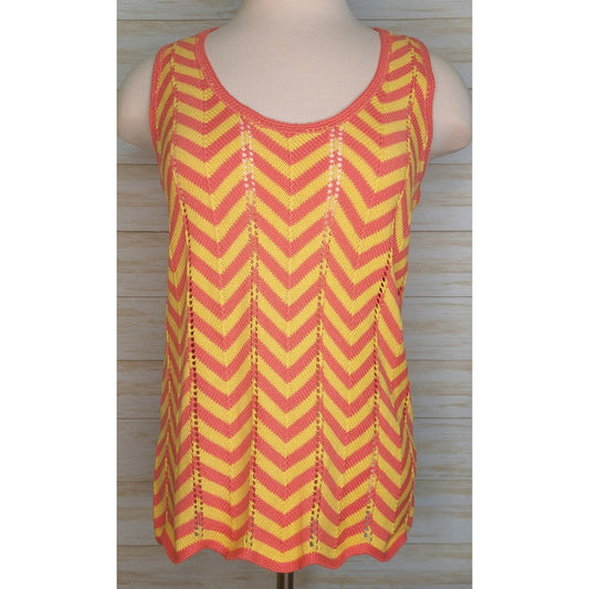 Trina Turk Zigzag Knit Tank Top - Coral Pink & Yellow Chevron Stripes Sleeveless