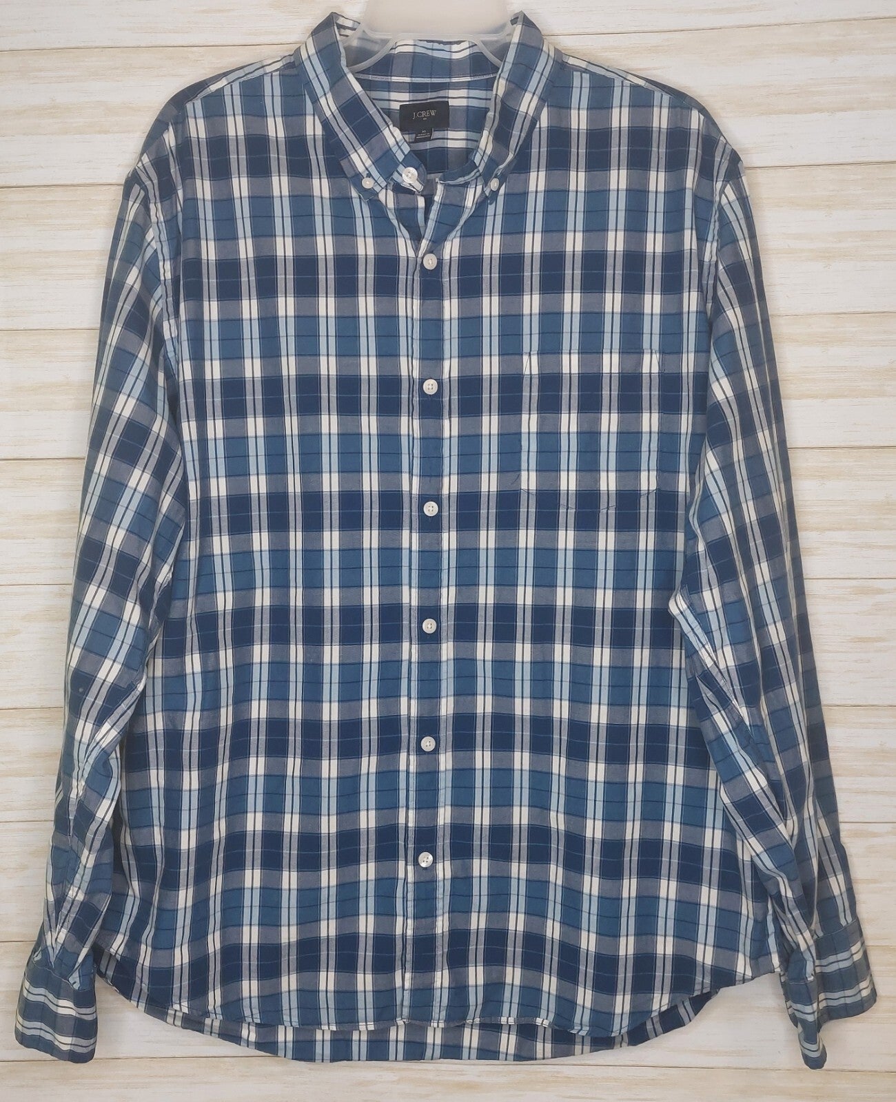 J. CREW Men's Cotton Shirt Blue/White Plaid Button Up Size XL