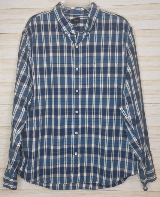 J. CREW Men's Cotton Shirt Blue/White Plaid Button Up Size XL