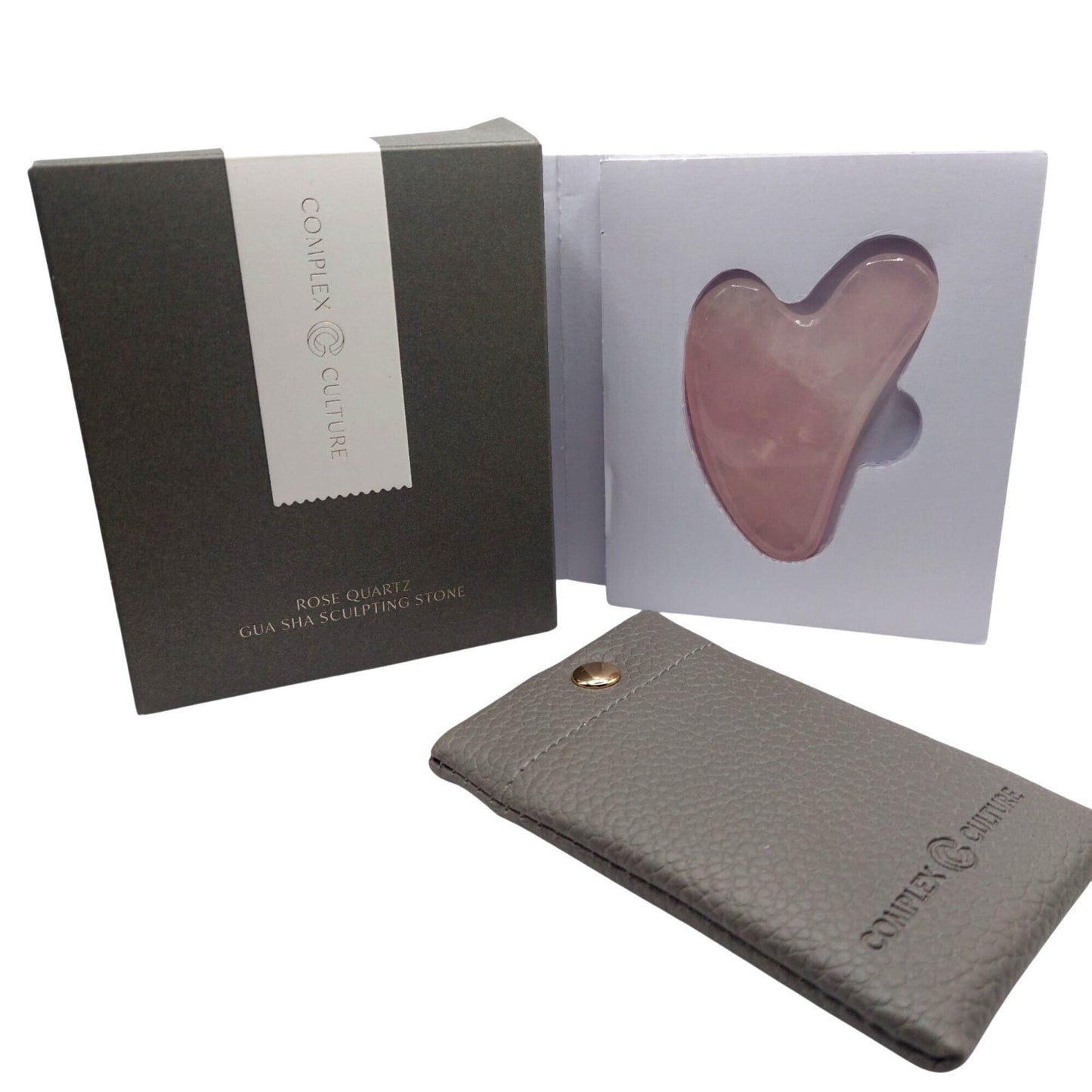 Rose Quartz Gua Sha Sculpting Stone With Textured Gray Pouch By Complex Culture