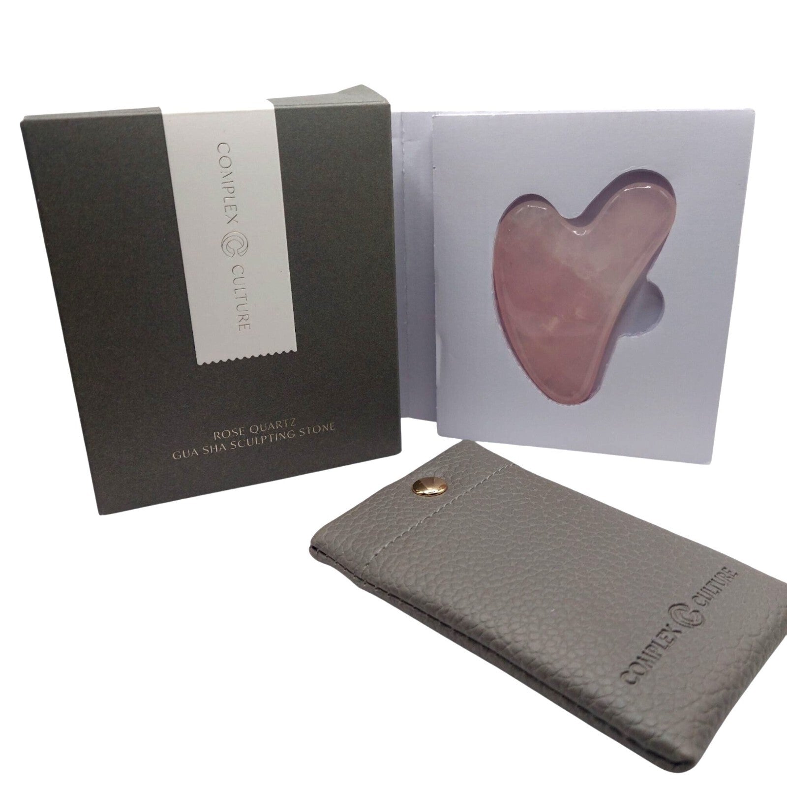 Rose Quartz Gua Sha Sculpting Stone With Textured Gray Pouch By Complex Culture