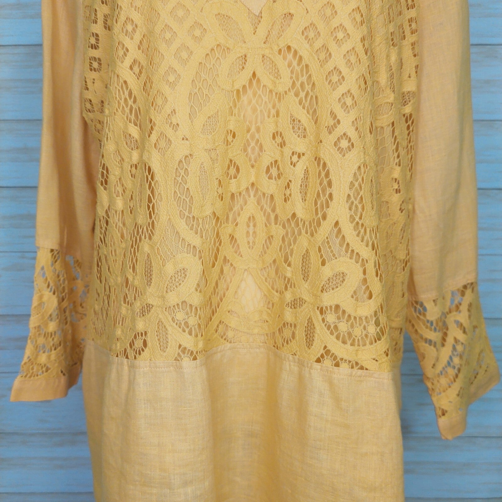 Chico's Women's Top Yellow Linen Lace Front Long Sleeve Tunic Shirt Blouse XL