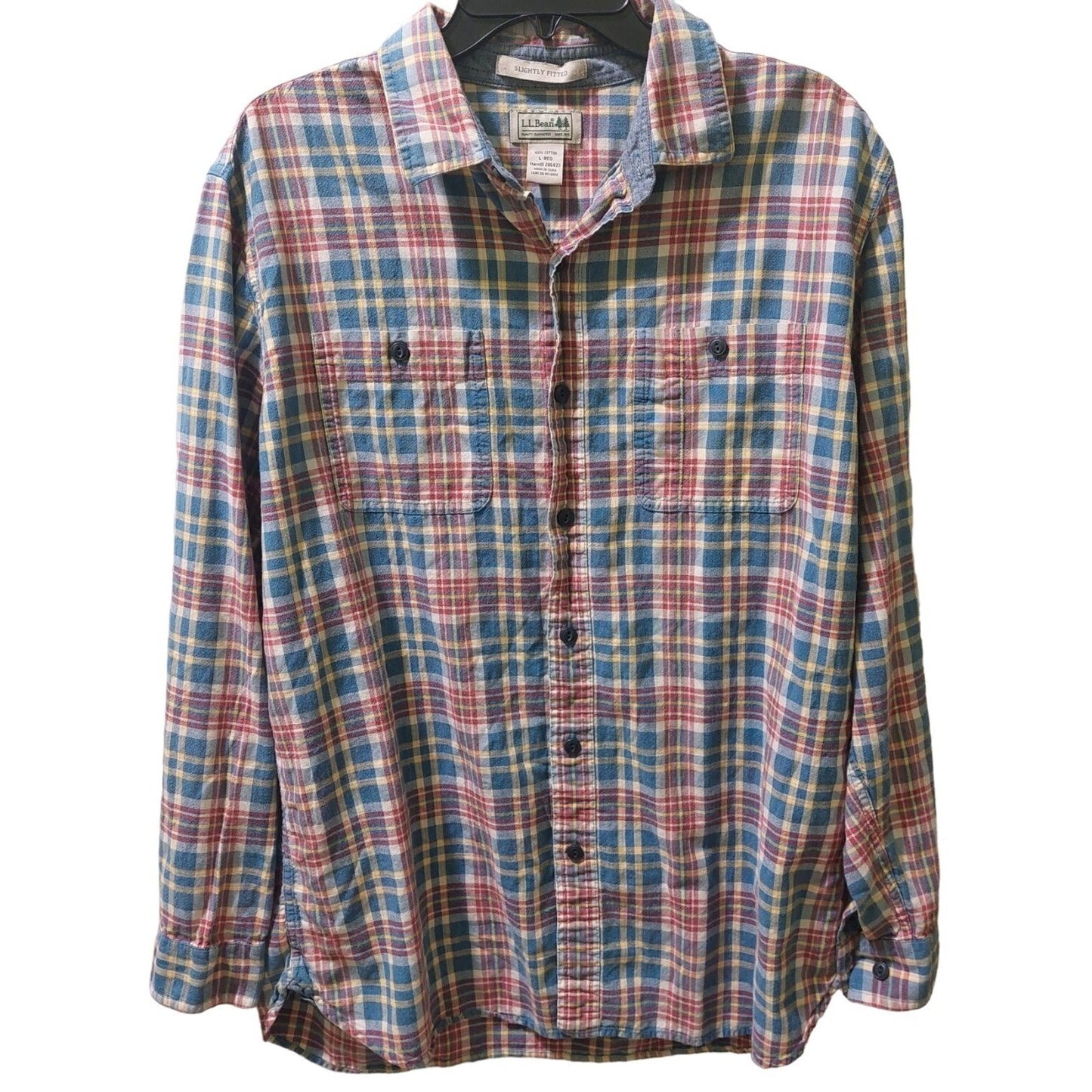 L.L. Bean Mens Slightly Fitted Plaid Long Sleeve Shirt Size Large 100% Cotton