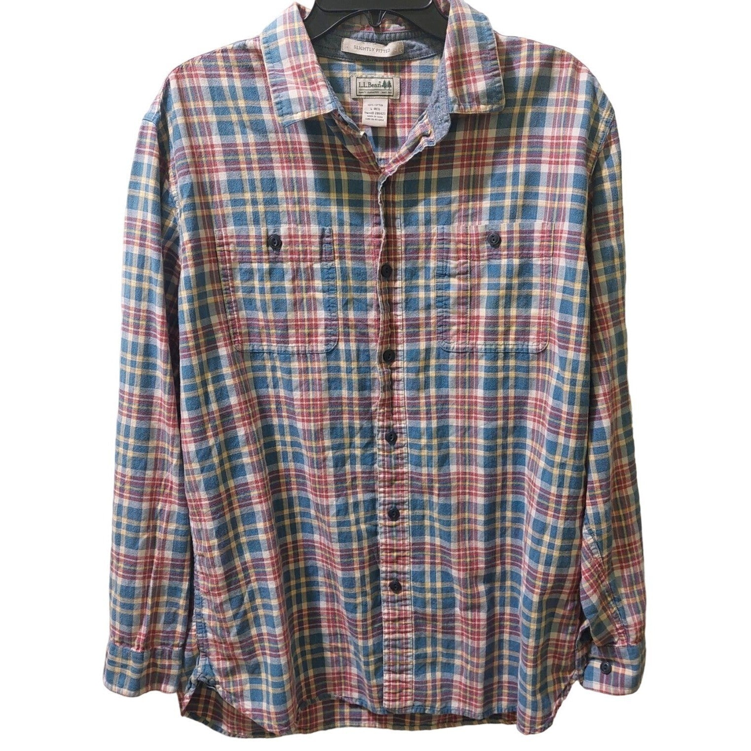 L.L. Bean Mens Slightly Fitted Plaid Long Sleeve Shirt Size Large 100% Cotton