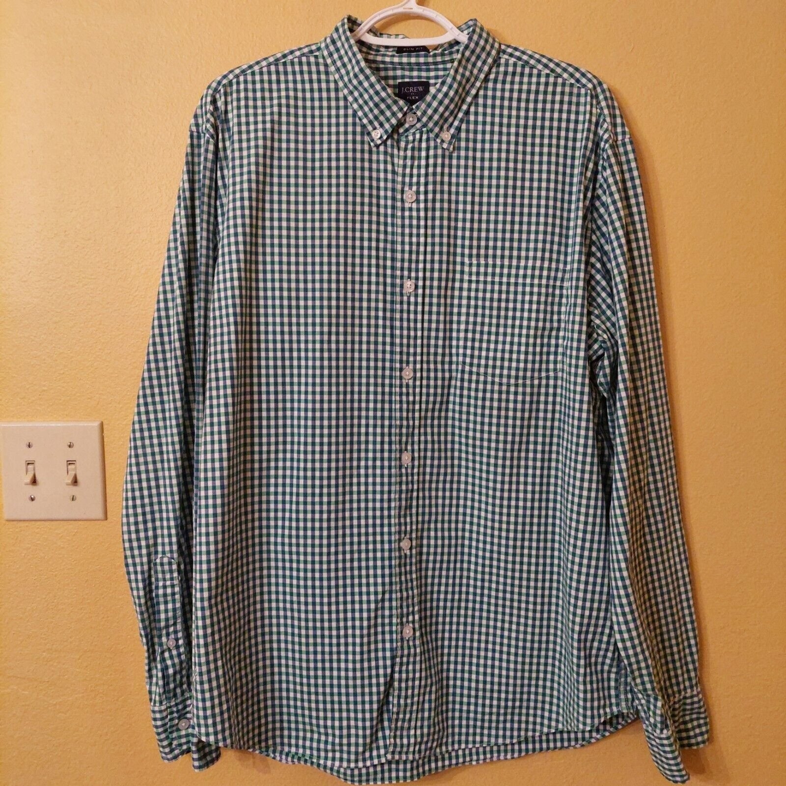 J Crew Shirt Mens XL Green Blue Gingham Plaid Flex Button Up