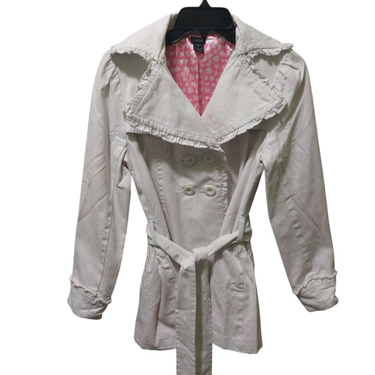 NWOT Aziz White Double-Breasted Belted Trench Coat With Ruffle Accents Medium