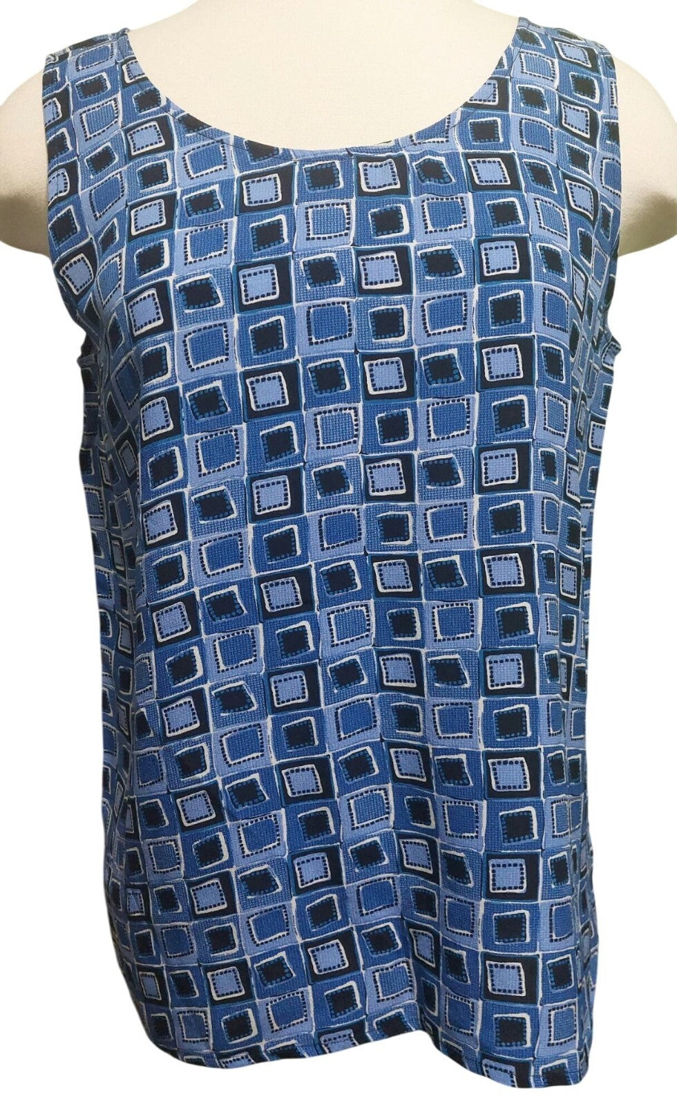 Robbie Bee Blue Geometric Sleeveless 100% Silk Blouse Womens Medium