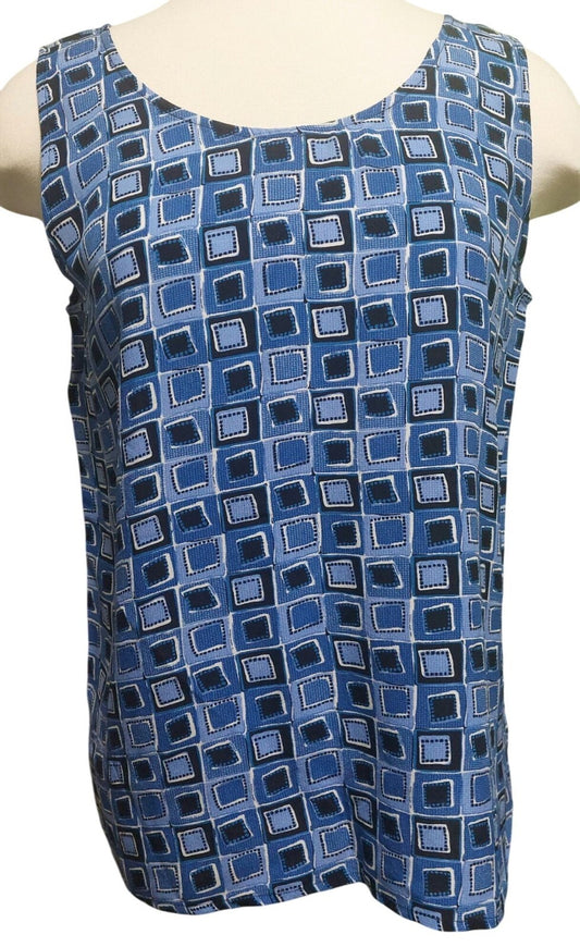 Robbie Bee Blue Geometric Sleeveless 100% Silk Blouse Womens Medium