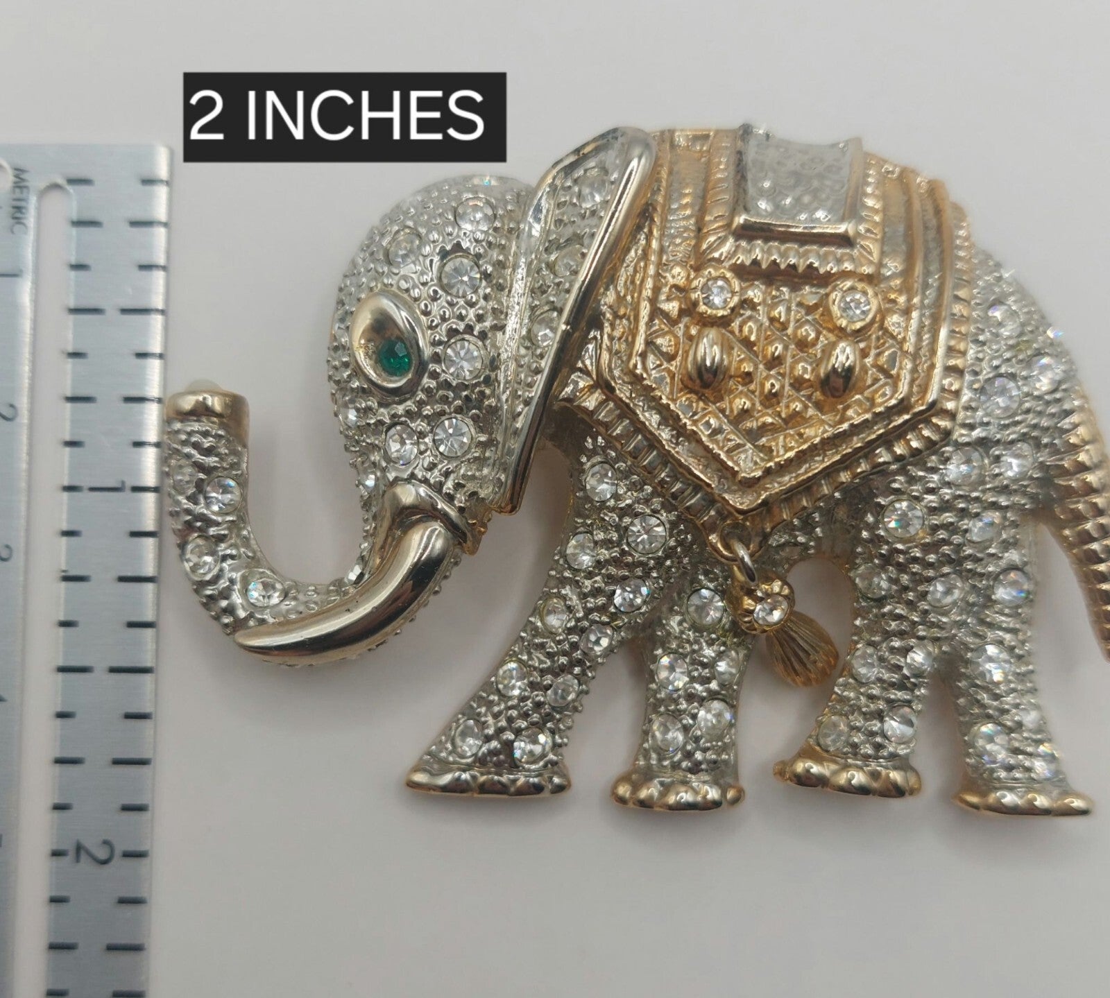 Estate Elephant Rhinestone Brooch Pin Vintage-Inspired W Green Eye~Hanging Charm