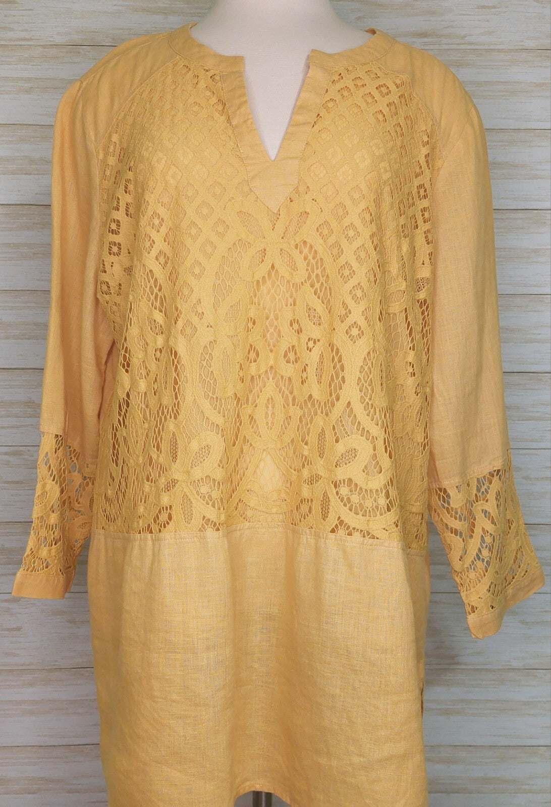 Chico's Women's Top Yellow Linen Lace Front Long Sleeve Tunic Shirt Blouse XL