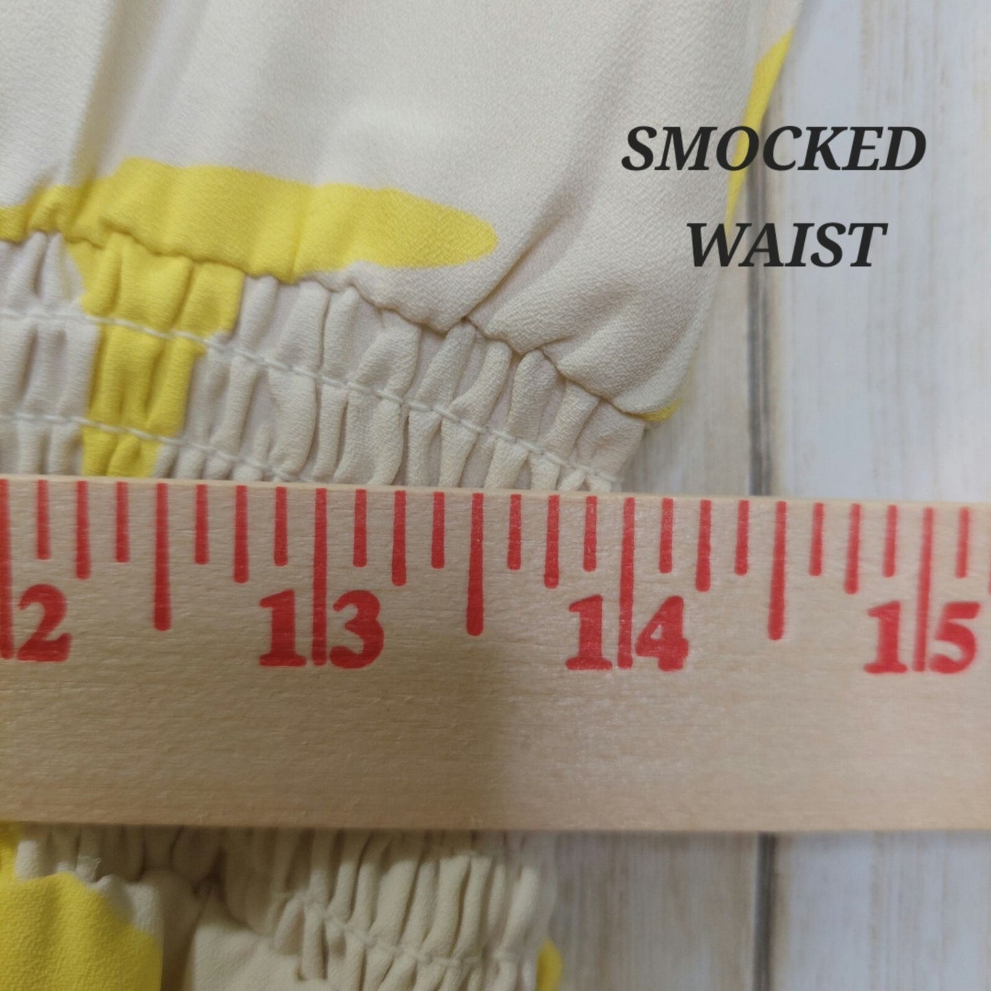 Vince Camuto Women's Yellow/White Abstract Print Smocked Ruffled Dress Size PM